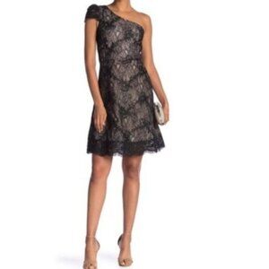 Dress The Population One Shoulder Lace Cocktail Dress in Black